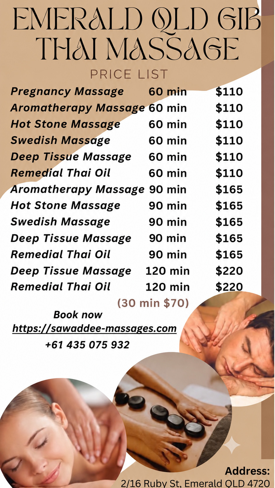 Emerald QLD Gib Thai Massage price list: 60 minutes $110, 90 minutes $165, 120 minutes $220, 30 minutes $70. Book at sawaddee-massages.com or call 0435 075 932.