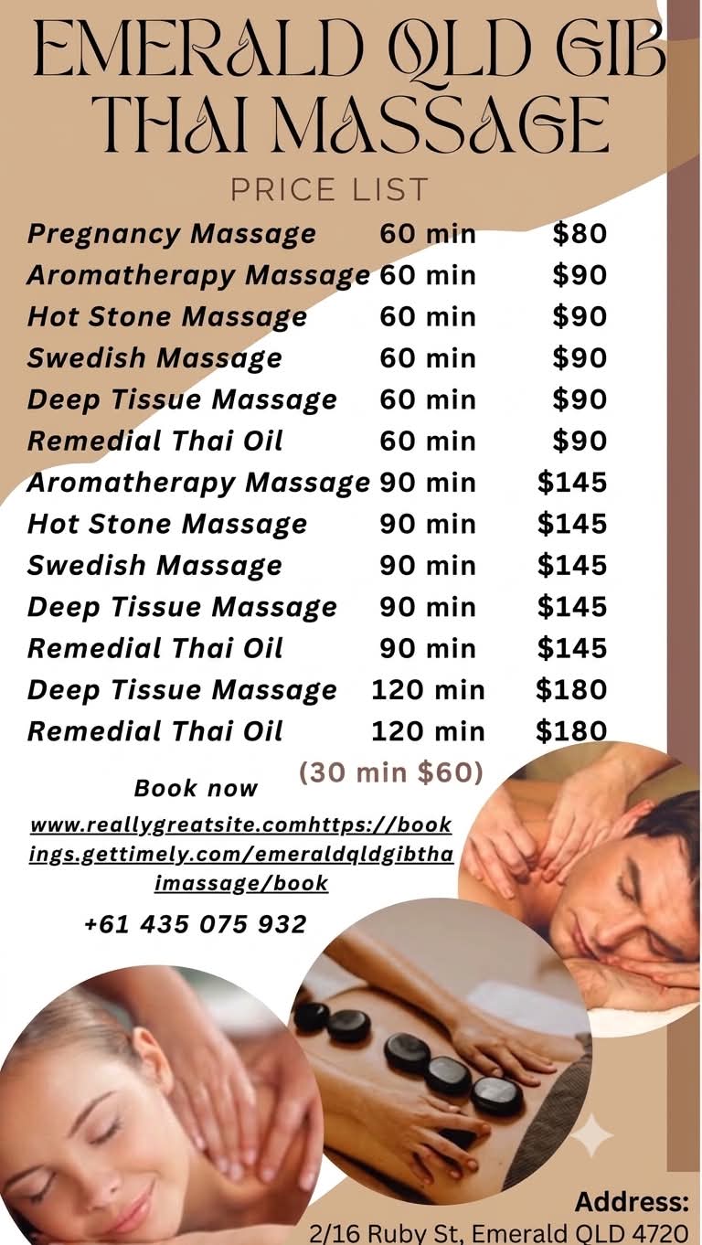 Emerald Gib QLD Thai Massage full price list